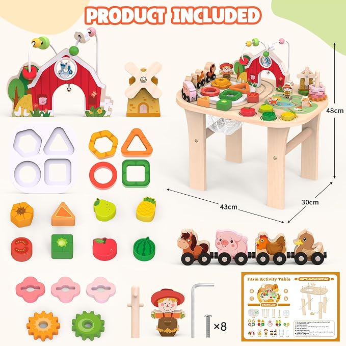 Weilim Montessori Activity Table for 1 Year Old, Wooden Farm Toddler Toy | Busy Activity Center with Bead Maze, Shape Sorter, Train Track & Spinning Gears—Sensory Play That Grows Fine Motor Skills