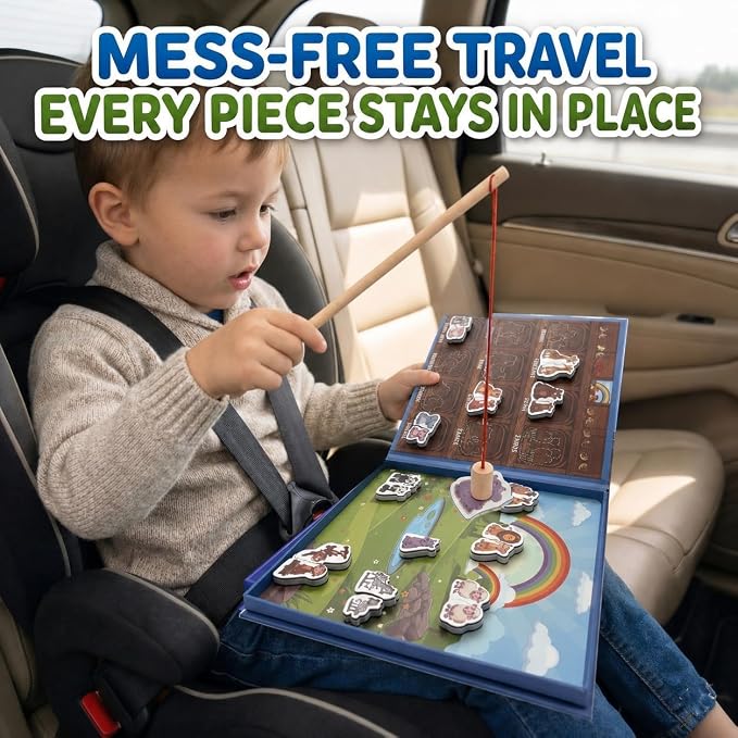 Travofun Magnetic 4-in-1 Animal Game | Travel Toys for Toddlers Ages 3-5 | 4-in-1 travel toy with magnetic fishing, animal matching, spelling, and story play in a colorful Noah's Ark picture scene.