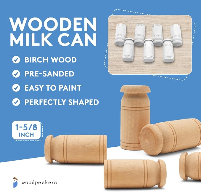 Wooden Milk Can, 1-5/8 inch, Pack of 10, Small Unfinished Cargo Drums, Perfect for Miniatures, Scale Models, Mini Train Making or Woodworking Craft Projects, by Woodpeckers