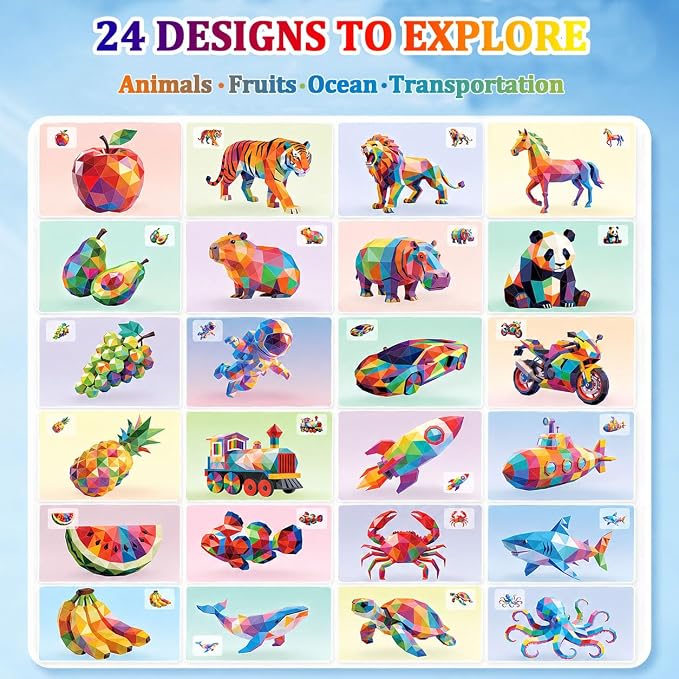 Xuoent Sticker by Number for Kids, 4-Pack Sticker Activity Books with 24 Designs, 3D Sticker Sets for Adults, Travel Toys & Quiet Time, Birthday Gifts for Girls Boys Ages 6-12+
