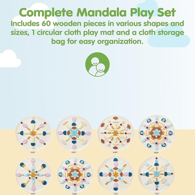 PlanToys® Wooden Mandala Set Montessori Inspired Open Ended Kids Play | loose pieces, sensory toys, montessori toys, girls, boys, creative spatial mindful fine motor gift preschool learning set