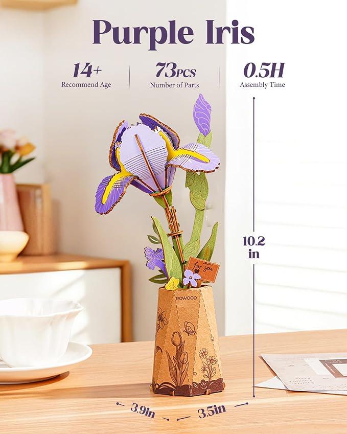 Rowood 3D Puzzles for Adults,DIY Mother's Day Wooden Flower Building Set Craft Kits, Botannical Collection Home Decor,Christmas/Birthday/Valentine's Day Gift- Purple Iris