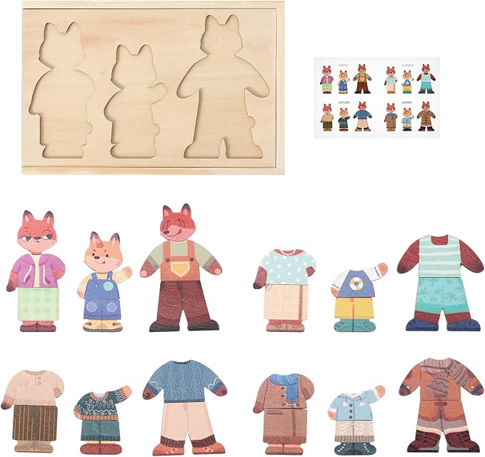 Wooden Dress-Up Puzzle for Ages 3+, Fox Family 17 Mix-and-Match Pieces with Storage Box, Montessori Matching Toy for Fine Motor & Imaginative Play, Birthday