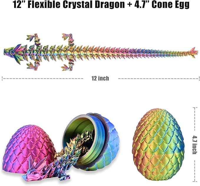 12" 3D Printed Dragon Eggs with Dragon, Articulated 3D Fidget Toys for Kids | Crystal 3D Dragon Toys for Boys Girls, 3d Printed Animals, Dino Dinosaur Eggs Toys, Easter Basket Stuffers（Red Yellow Blue）