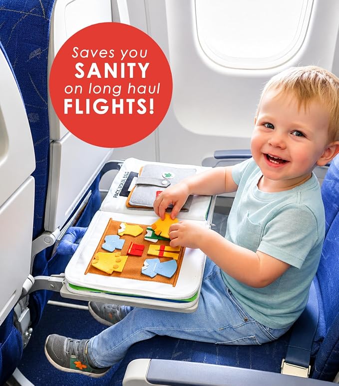 Curious Columbus Away We Go Busy Book, Fabric Travel Activity Quiet Book | 10 Colorful Vacation-Themed Pages, Motor Skill Activities, Sewn-In and Removable Pieces, 3D Pop-Ups, Airplane Travel Toy