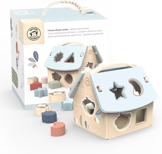 House Shape Sorter with 8 Blocks, Fun Colors, Shapes, Monkey Character, Wooden Toy, Non-Toxic Paint, Enhances Learning, Ideal for Kids | 8 blocks, monkey character, sorting & stacking toys, montessori toys, preschool toys, shape recognition, fine motor...