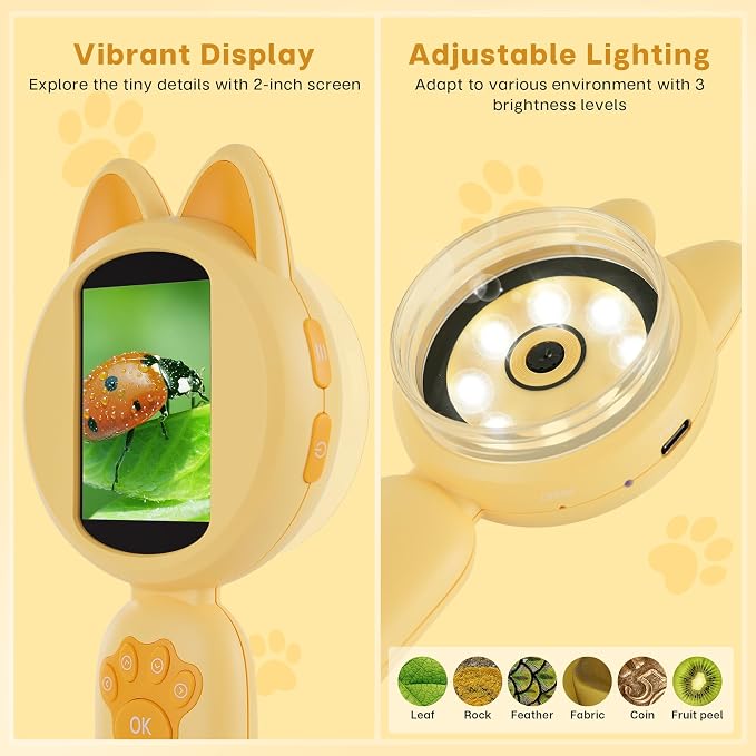 Mia Microscope for Kids, Mini Digital Microscope with 2'' IPS Screen, Handheld Mini Scope Educational Science Toy Kit, Christmas/Birthday Gifts for Kids Aged 3-6,7-12 (Yellow)