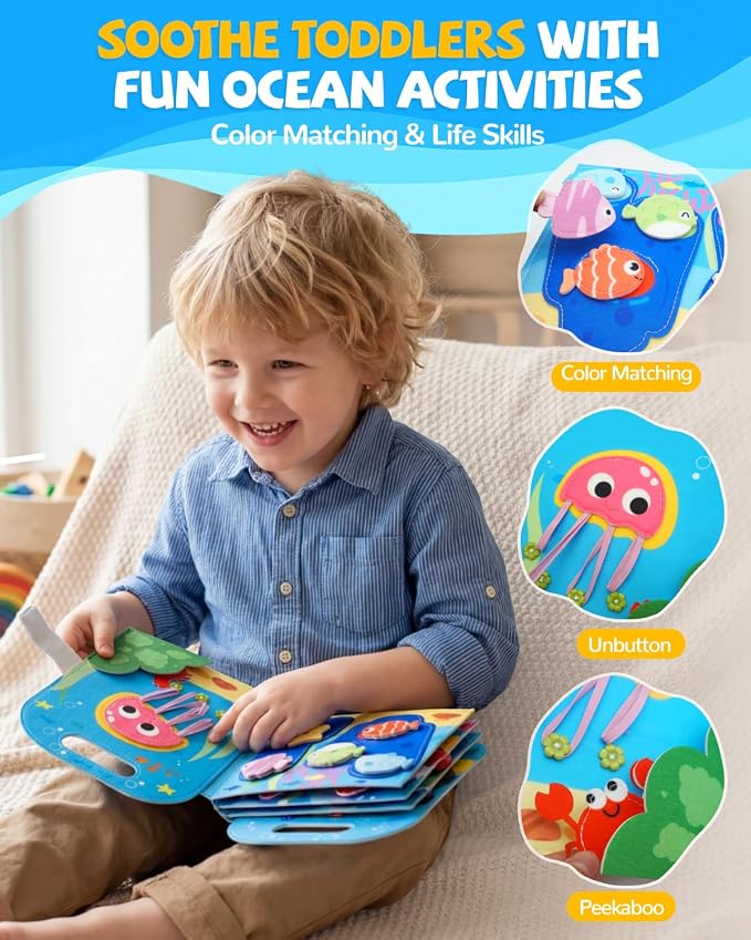 Busy Book for Toddlers 1-3, Busy Board for 1 Year Old, Quiet Books | Felt Activity Books for 1+ Year Old, Toddler Travel Toys, Boy Girl 1st Birthday Gift, Montessori Ocean Sensory Learning Board
