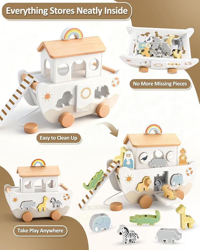 Wooden Noah's Ark Toy for Toddlers 1-3, Baptism Gift for Boys and Girls | Neutral Colors • Animal Shape Matching • Fine Motor Skills • Christian Faith Learning • Bible Story Learning