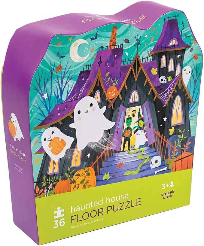 Crocodile Creek 36-Piece Jigsaw Floor Puzzle with Heavy-Duty Shaped Box for Storage, Large 16" x 20" Completed Size, Designed for Kids Ages 3 Years and up, Haunted House