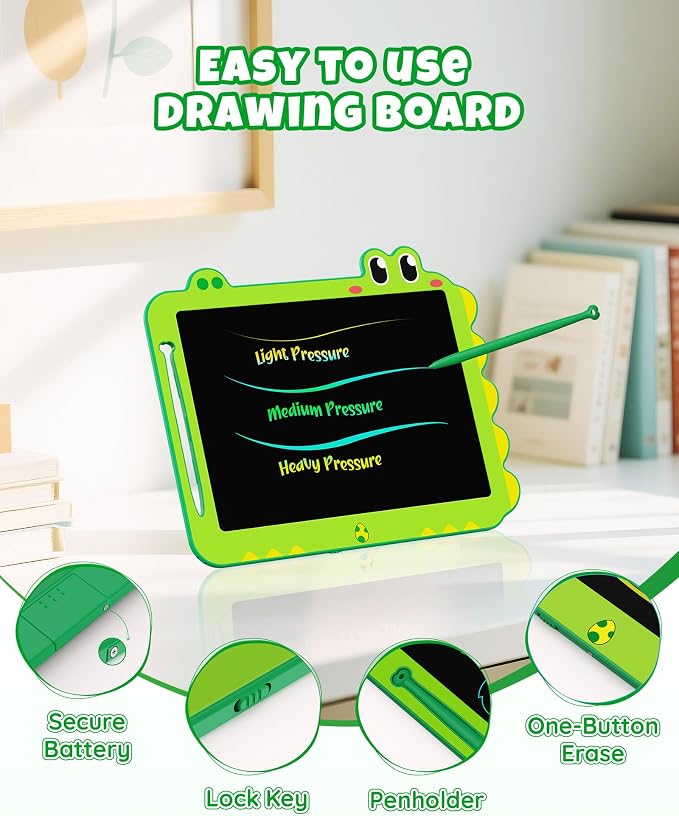 12 Inch LCD Doodle Board Tablet Toy - Green Dinosaur Drawing Pad for Kids 3-6 Years Old - Christmas and Birthday Gifts