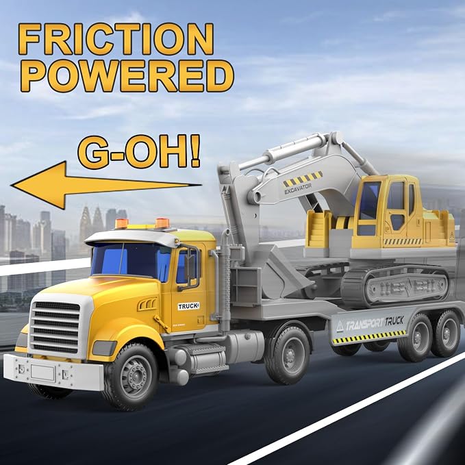 DOWELLIN Excavator Transports Trucks Kids Toys, 22" Large Semi Trucks Toy Carrier and Excavator Truck with Sound&Light,Friction Cars Toys Gifts for 3 4 5 6 7 8 Year Olds Kids Child-Yellow