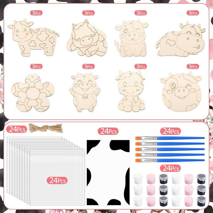Saypacck 24 Pcs Party Favors Wooden Painting Craft Kits Birthday Party Supplies with Organza Bag for Goodie Bags Fillers Adult Thank You Gifts(Cow)