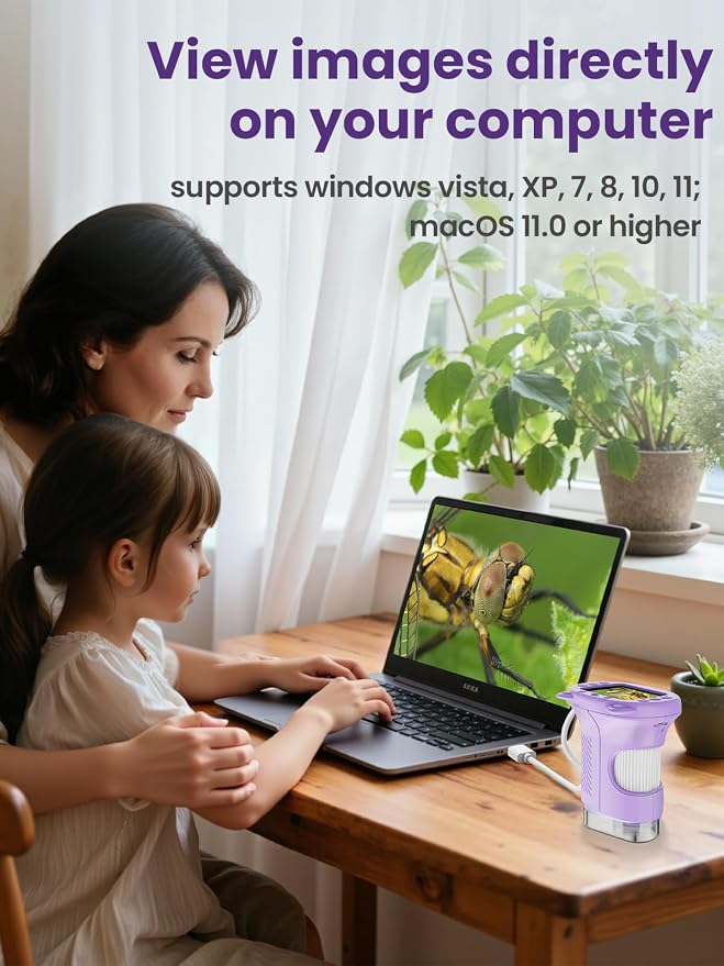 Microscope for Kids, 2.4 Inch Digital Microscope with 1000X Magnification, Handheld Camera Mini Pocket Magnifying Glass, Educational Birthday Gifts Toys for Ages 3+, Purple
