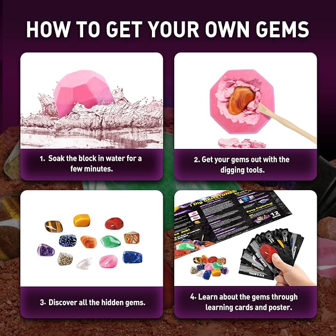 Gamerside Gemstones Dig Kit, 12 Real Gem Mining Kit, STEM Toy 6+ | Dig It Up Gemstones & Minerals, 12 Digging Tools Included, Perfect for Party Favors & Group Activities, Great Gift for Kids