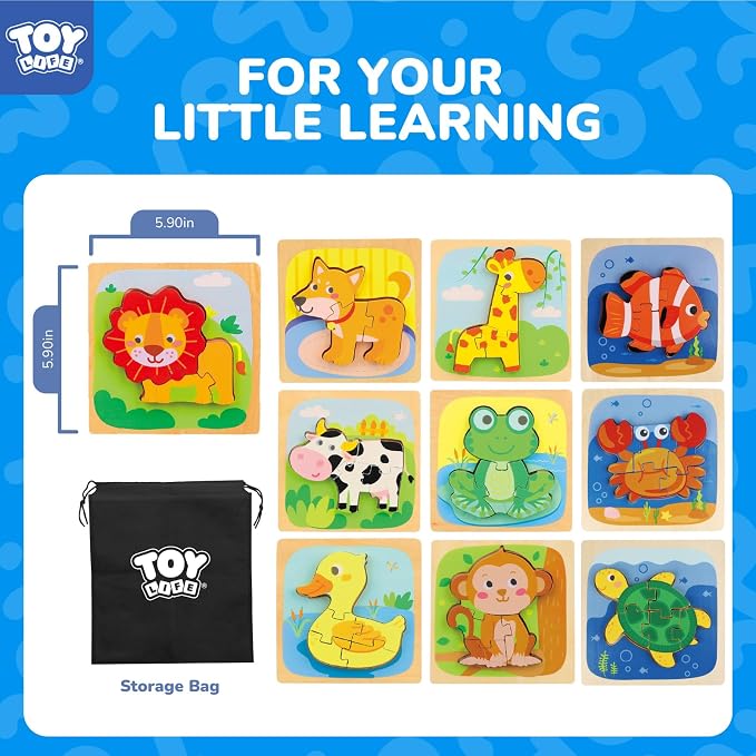 TOY Life Wooden Puzzles for Toddlers 2-4, Montessori Toys for 1 2 3 Year Old Boys Girls, 10 Piece Animals Puzzles Educational Learning Toys, Birthdays Gifts Toy for 2 Year Old Girl Boy