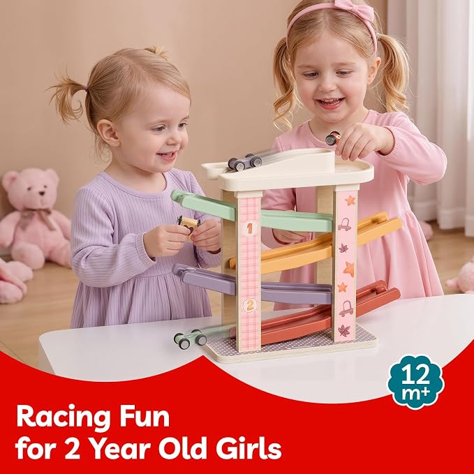 TOP BRIGHT Toddler Toys for 1 Year Old Girl Gifts, Wooden Car Ramp Toys | Includes 4 Cars & Garage, Wooden Ramp Develops Motor Skills, Montessori Learning Toy for Girls 1-3 Years