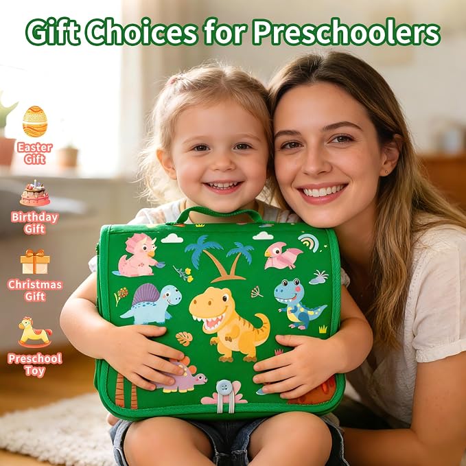 Toddler Busy Board Montessori Toys for Kids, Educational Learning Busy Book | 24 in 1 Toddlers Sensory Motor Skills Activity ,12-Page Quiet Travel Toy for Car Airplane, Boy Girl Birthday Gifts (Dinosaur)