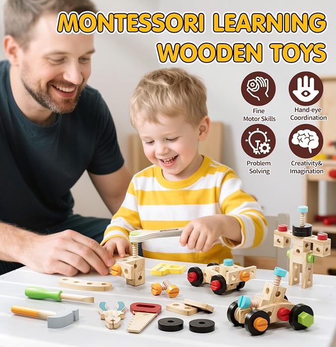 Lehoo Castle Kids Tool Set, Wooden Montessori Toys for 3 4 5 Years Old Boy | Portable Tool Box for Pretend Play, Construction Learning Play Tools 49PCS, STEM Toys for Preschooler