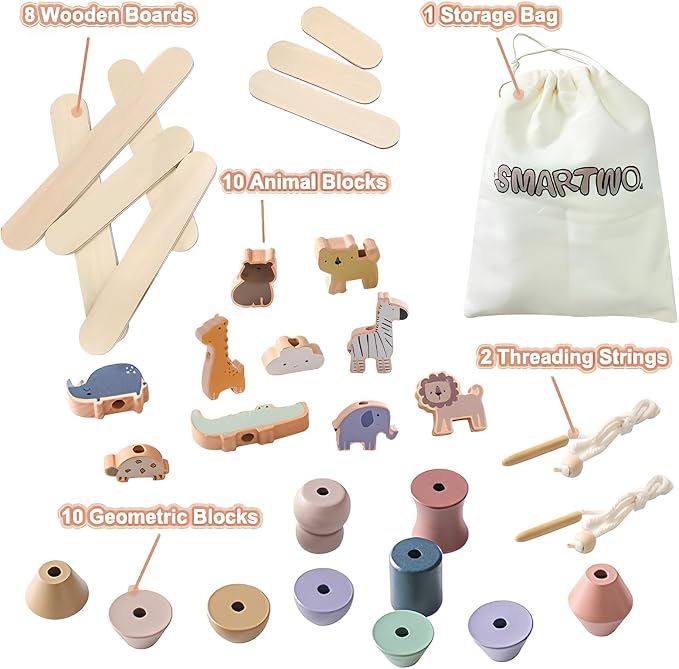 Wooden Animals Threading Toys Lacing Beads for 3+,Stacking Blocks Balance Game,Family Educational Preschool Learning Toy, Preschoolers Montessori Classroom Activities,Ideal Gift for Kids