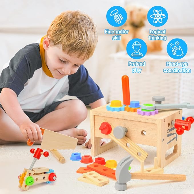 Wooden Tool Set for Kids 2 3 4 5 Year Old, 29Pcs Educational STEM Toys Toddler Montessori Toys for 2 Year Old Construction Preschool Learning Activities Gifts for Boys Girls Age 2-4 1-3 (Pack of 2)