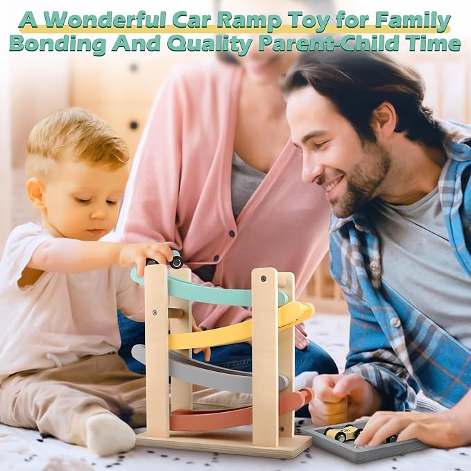 Vanplay Montessori Toys for 1 2 Year Old Boy Gifts - One 1st Birthday Gift | 4 Level Wooden Car Ramp Toy with 4 Mini Cars, All Wood, Fully Assembled, Race Track Car Truck Toys for Toddlers 1-3-2-4