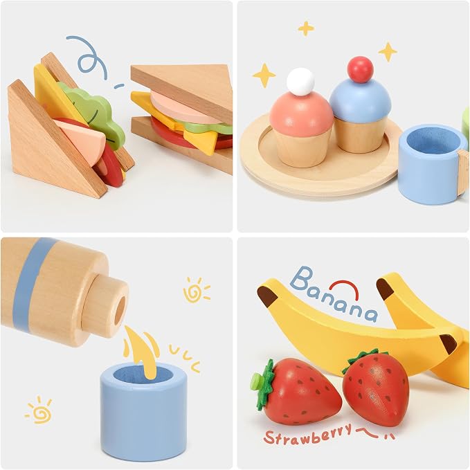 Pillowhale Wooden Play Food Set for Kids, 32-Piece Pretend Picnic Toy with Sandwiches, Fruits, Cups & Plates, Canvas Bag & Mat, Toddler Role Play Toys Ages 3+