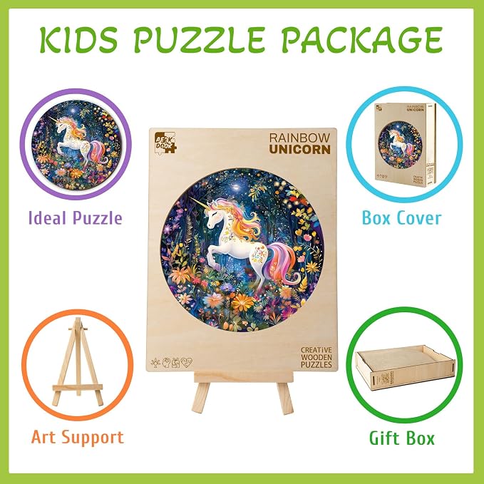 Rainbow Wooden Puzzles for Kids - Unicorn | 50 Piece Puzzles for Kids Ages 6-8, Kids Puzzles with Unique Animal Shapes, Round Gift for Girls and Boys (11.4 * 11.4 in)