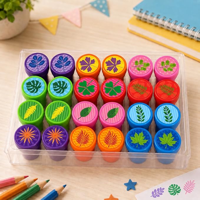 Cinrobiye 24 Pcs Nature Leaf Stampers for Kids, Pre-Inked Leaf Party Favor Set, Forest Theme Birthday Party Supplies, Classroom Rewards, Goody Bag Fillers, Piñata Fillers, Treasure Box Toys
