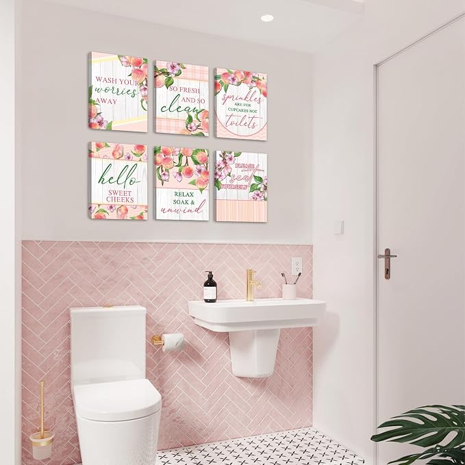 HOURIA 6pcs Framed Watercolor Peaches Bathroom Canvas Wall Art,8 * 10”Lovely Pink Peach Blossom Pictures Wall Decor,Sweet Cheeks Please Seat Yourself Funny Posters for Bathroom