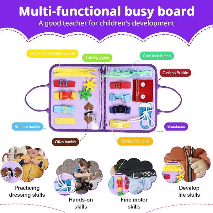 Busy Board Montessori Toys, Birthday Gifts for Girls, Autism Sensory Travel Toy, Educational Activity Busy Book, Preschool Learning Fine Motor Skills Toys,Purple
