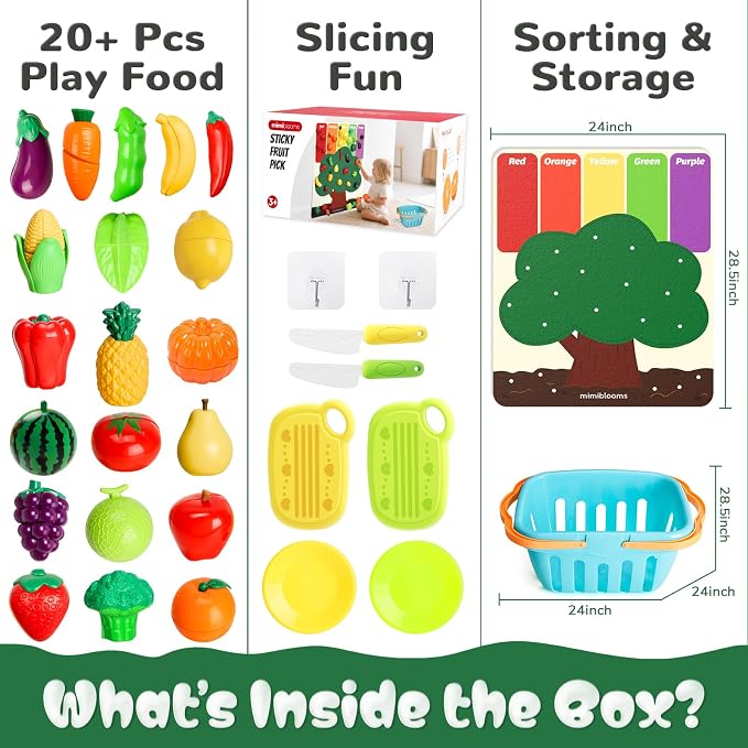 SOCBTNSO Pretend Play Food Set with Felt Tree Mat & Storage Basket for Kids | Kitchen Accessories Toys|Fruit and Veggie Sensory Toy|Montessori Color Sorting|Gift for Toddlers 3 4 5 6 Year Old|Boys Girls