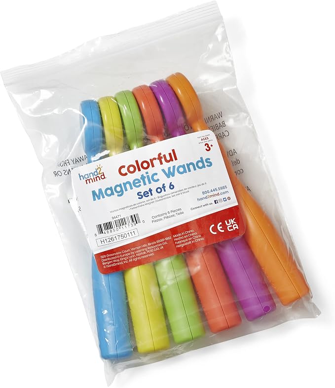 hand2mind Magnetic Wands for Kids (Set of 6), Ages 3+ | Magnet Wands, Magnets for Kids Science, Magnets for Teaching, Preschool Science Classroom Supplies, Magnet with Handle,
