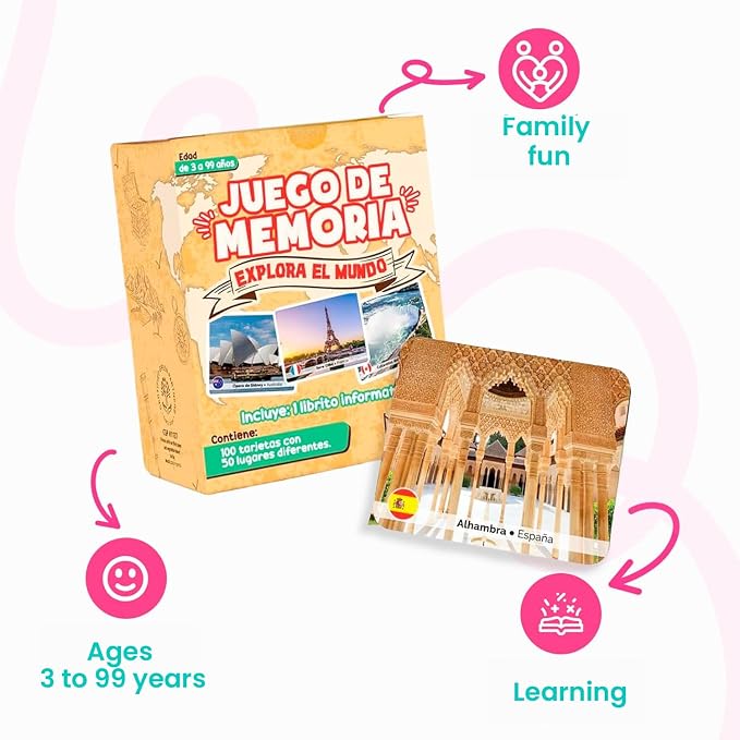 Menique Explore the World Memory Matching Game – Spanish Edition – 100 Cards (50 Pairs) with Iconic Landmarks, Country & Flag – Educational Geography Game in Spanish.