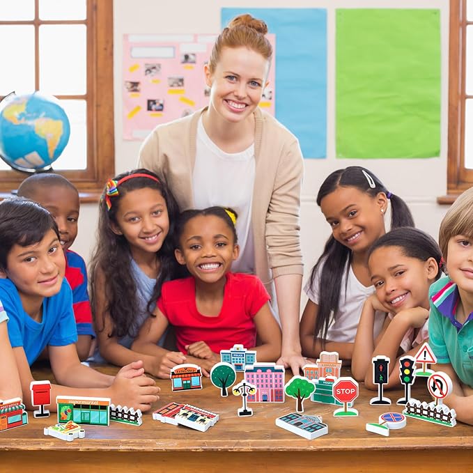 Kathfly 36 Pcs Wooden Community Helpers Buildings, Career Figures Toy | Multicultural Career Blocks for Social Emotional Learning, Creative Play Figures, Preschool Classroom Teaching Wooden Set