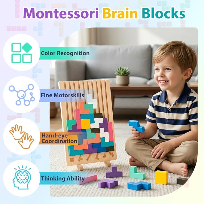 Wooden Montessori Brain Blocks, Quick-Reset Pattern Bag, Gift 3+ | 2-in-1 Building & Puzzle Game, 9 Shapes, 20 Challenges, Instruction Guide, Screen-Free, Educational Play