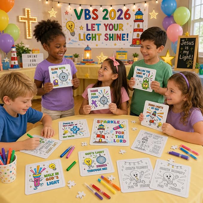 Cinrobiye 24 Pcs 2026 VBS Jesus is the Light Coloring Puzzle Crafts Illumination Theme Christian Jigsaw Puzzle Craft for Vacation Bible School Sunday School Activities and Church Events