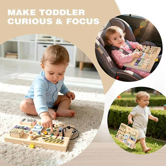 Joyreal Wooden Busy Board Montessori Toys for Toddlers, Sensory Activity Board with LED Lights, Music Box & Locks, Educational Learning Toy Gifts for Boys and Girls