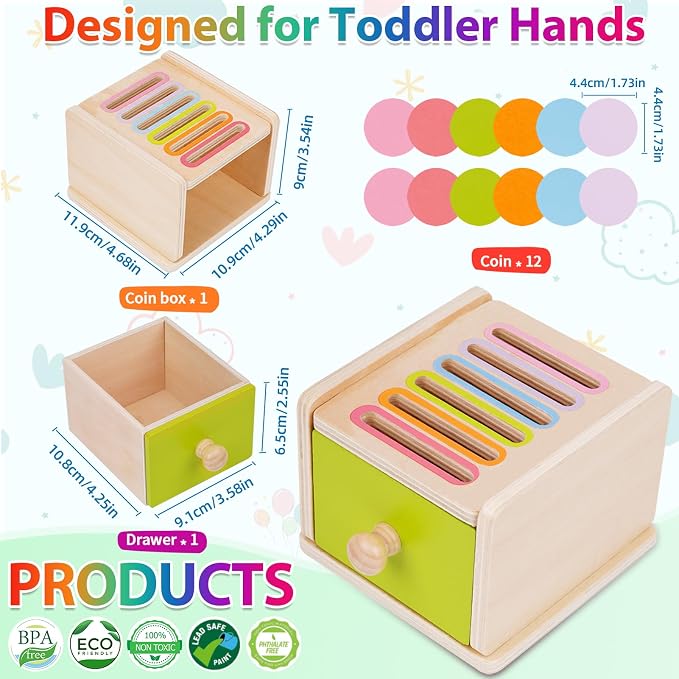FCSONU Toddlers Montessori Coin Box Toys for 1 2 3 Year Old Boys Girls Baby | Wooden Baby Toys|Fine Motor Skills Toys, Kids Learning Color Sorting & Stacking Sensory Toys, Easter Christmas Birthday Gifts