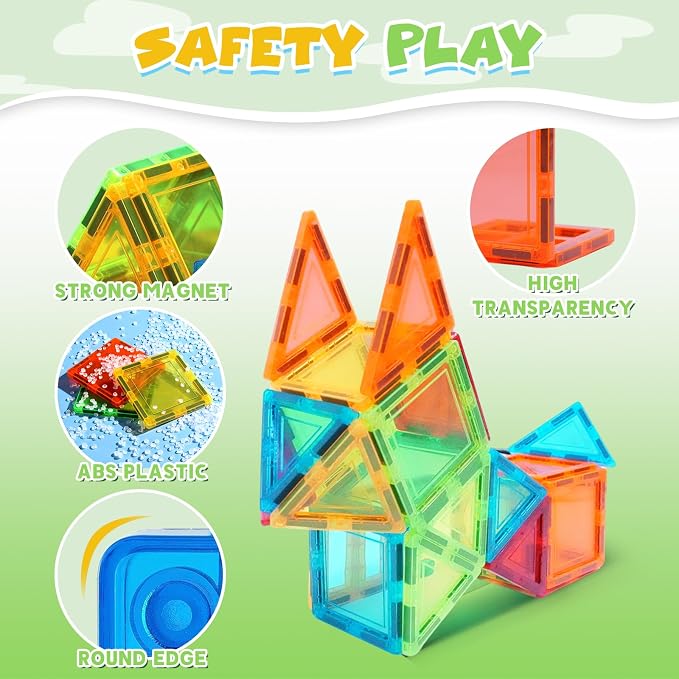 Magnetic Tiles, 60 PCS Magnetic Tiles Building Set, Educational STEM Magnets Tile Toys for Boys Kids Toddlers Ages 3 4 5 6 7 8 9+ Year Old