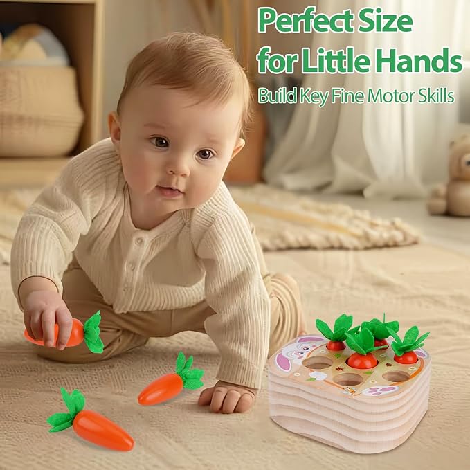 KMTJT Montessori Toys for 2 3 Year Old Toddlers | Wooden Carrot Harvest Toy | Sorting & Matching Game for 2+ Years, Fine Motor Skills Development, Educational Gifts for Baby Boys & Girls (Red)