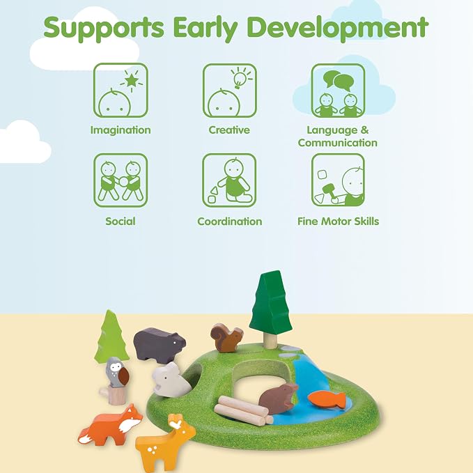 PlanToys® Wooden Animal Toy Set for Toddlers, 16 Pcs Montessori Forest Set | 16 pcs forest playset, trees cave mountain, wooden animal toy set, montessori open-ended nature play, preschool educational k