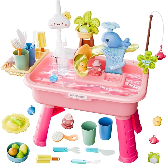 2026 Upgraded Water Table for Toddlers 1-3, Kids Mini Play Sink Toys with Running Water & Electric Pump, Kitchen Sink Sensory Toy, Fishing Game Outdoor Water Play Table for Kids Ages 4-8, Pink