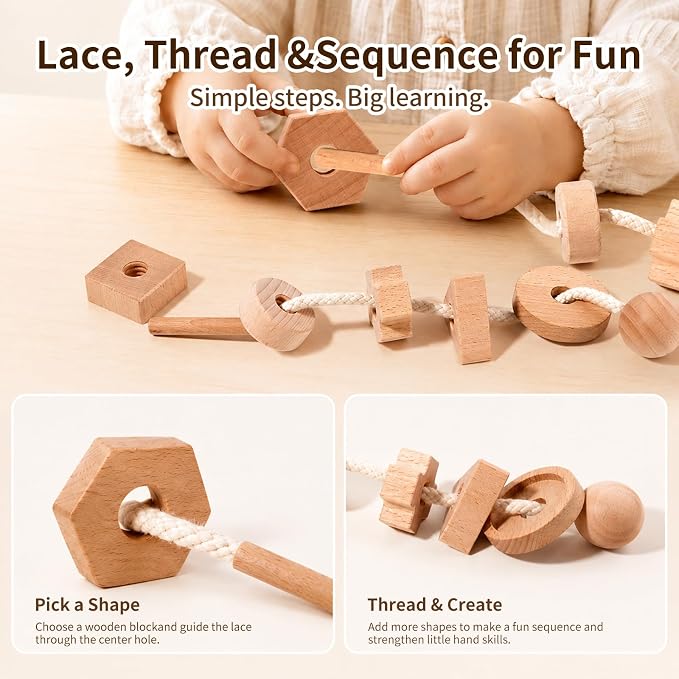 Wooden Screw and Nut Playset for Kids Ages 3,4,5，Montessori Shape Sorting Toy, Lacing Beads, Preschoolers Activities, Building Construction Screw Matching, for Boys Girls