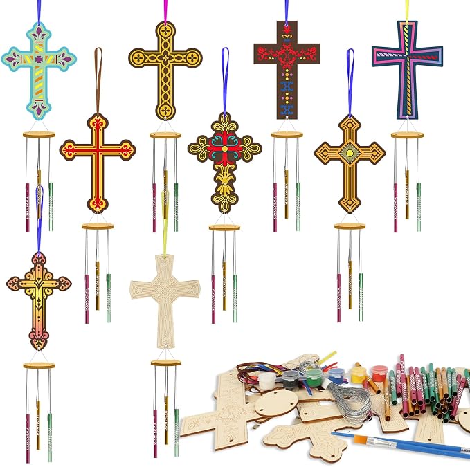 Fennoral 9 Pack Cross Wind Chime Kit for Kids Make You Own Sunday School Craft for Kids Wooden DIY to Paint for Art Activities Christian Mom's Gifts Birthday Sunday School Decoration