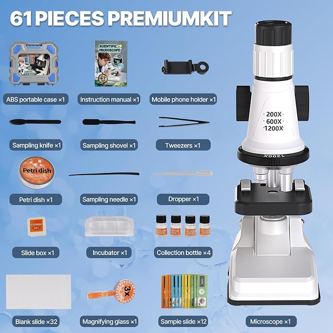 Kids Microscope Kit with Blank and Prepared Slides | 61 PCS Science Kit 100X-1200X with LED Light,Phone Holder, Carrying Box, STEM Project Toy, Educational Gift for Ages 6-12