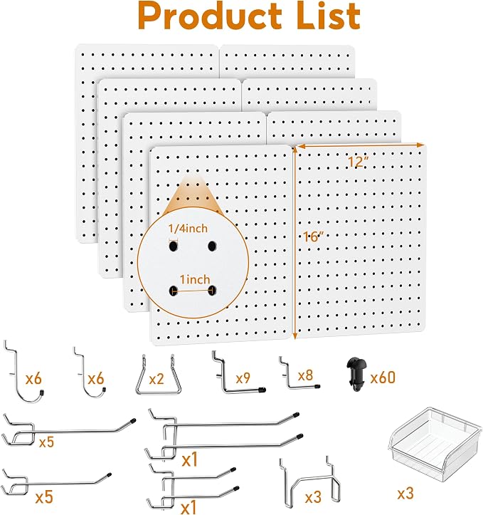 Peg Board, 114PCS Heavy Duty Metal Pegboard with Hooks, 8 Pack White Peg Board Panels, 60lbs Load Capacity Each, Pegboard Wall Organizer for Garage, Workshop, Kitchen, Craft Rooms