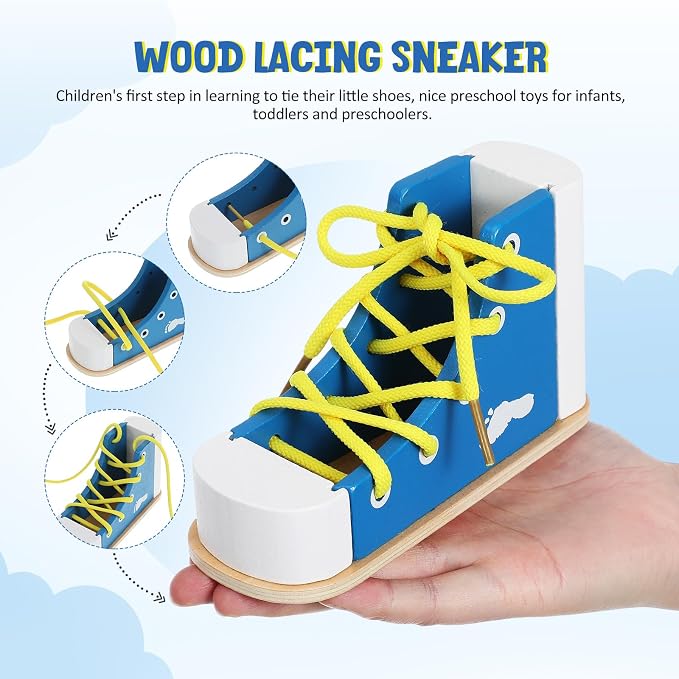 NUOBESTY Shoe Tying Practice for Kids Preschool Learning Toys Learn to Tie Shoes Tying Practice Board Early Educational Developmental Wooden Toy Toddler 2pcs