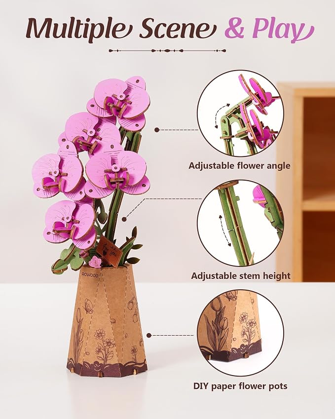 rowood 3D Wooden Puzzles for Adults,DIY Artifical Flower Botanical Collection Building Craft Kit,Mother's Day/Valentine's Day/Teacher's Day Purple Moth Orchid