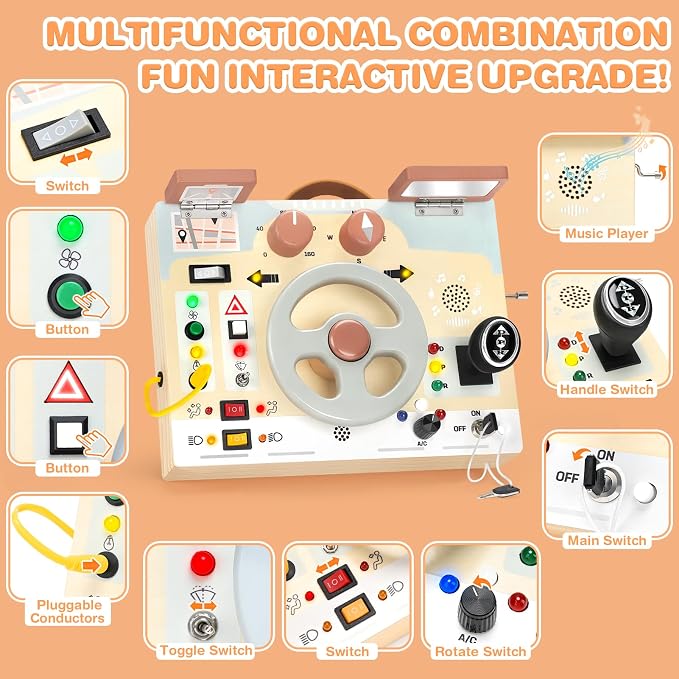 Joyreal Montessori Toddler Busy Board - Montessori Toys for 1 2 3 Years Old | Wooden Sensory Board with LED Lights, Steering Wheel, Music Player, Travel Toys for 1+ Year Old Boy & Girl Birthday Gift